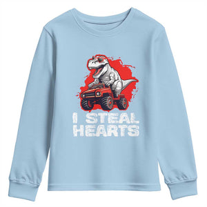 Valentine's Day Youth Sweatshirt I Steal Hearts Cool Dinosaur Riding Monster Truck TS09 Light Blue Print Your Wear