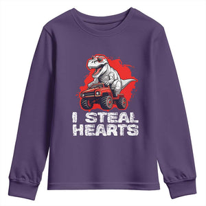 Valentine's Day Youth Sweatshirt I Steal Hearts Cool Dinosaur Riding Monster Truck TS09 Purple Print Your Wear