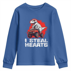 Valentine's Day Youth Sweatshirt I Steal Hearts Cool Dinosaur Riding Monster Truck TS09 Royal Blue Print Your Wear