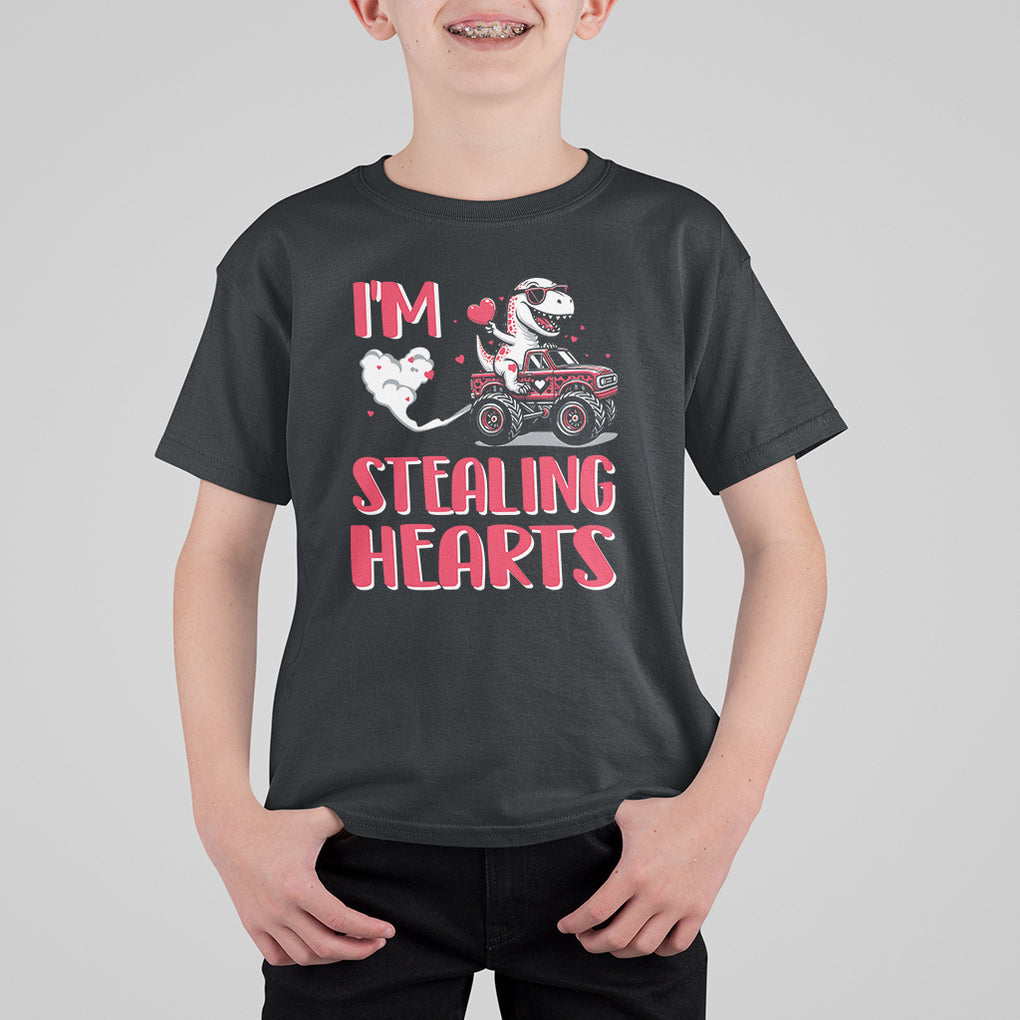 Valentine's Day T Shirt For Kid I Steal Hearts Cute Dinosaur Riding Monster Truck TS09 Black Printyourwear