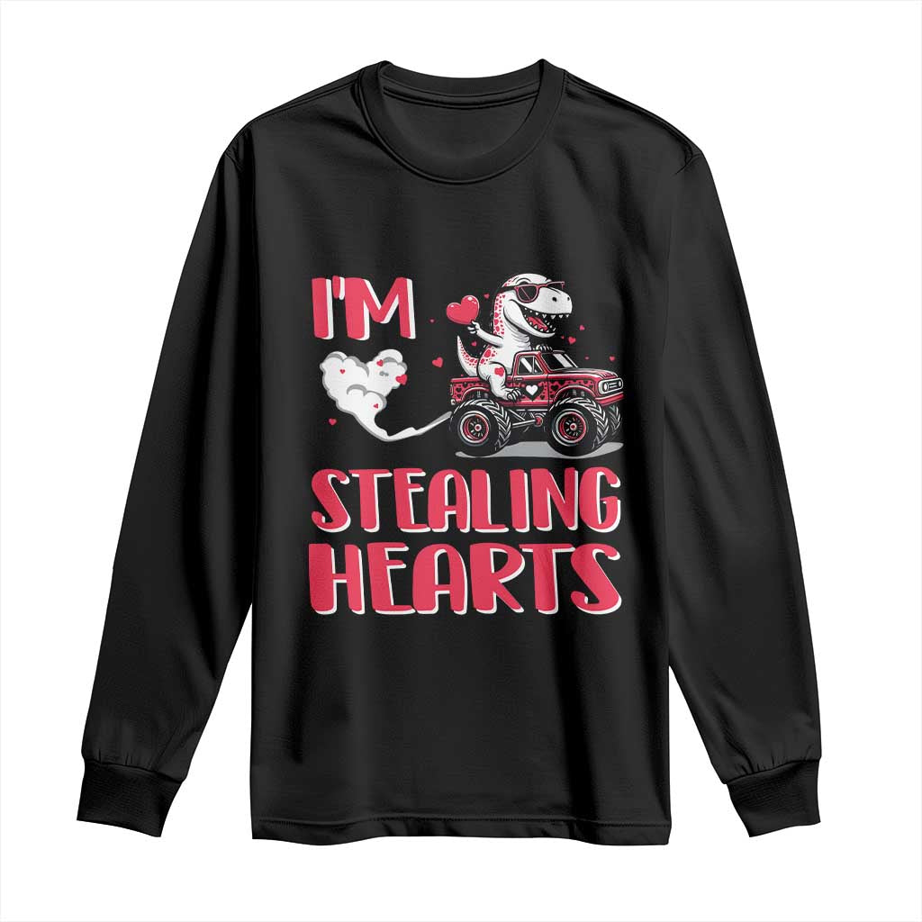 Valentine's Day Long Sleeve Shirt I Steal Hearts Cute Dinosaur Riding Monster Truck TS09 Black Print Your Wear