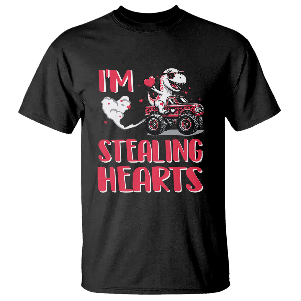 Valentine's Day T Shirt I Steal Hearts Cute Dinosaur Riding Monster Truck TS09 Black Printyourwear