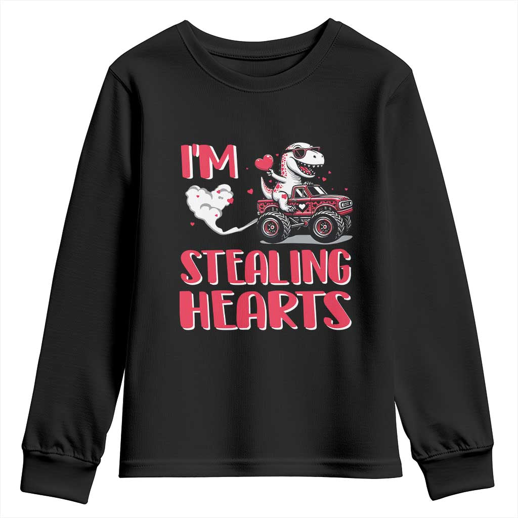 Valentine's Day Youth Sweatshirt I Steal Hearts Cute Dinosaur Riding Monster Truck TS09 Black Print Your Wear