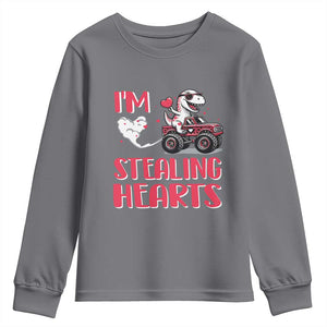 Valentine's Day Youth Sweatshirt I Steal Hearts Cute Dinosaur Riding Monster Truck TS09 Charcoal Print Your Wear