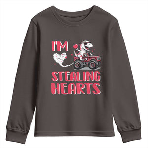 Valentine's Day Youth Sweatshirt I Steal Hearts Cute Dinosaur Riding Monster Truck TS09 Dark Chocolate Print Your Wear