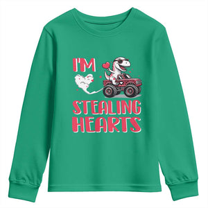 Valentine's Day Youth Sweatshirt I Steal Hearts Cute Dinosaur Riding Monster Truck TS09 Irish Green Print Your Wear