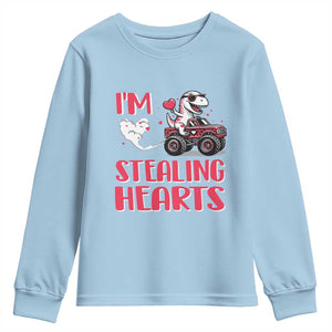 Valentine's Day Youth Sweatshirt I Steal Hearts Cute Dinosaur Riding Monster Truck TS09 Light Blue Print Your Wear