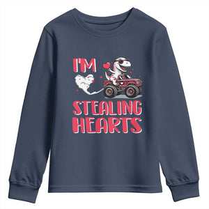 Valentine's Day Youth Sweatshirt I Steal Hearts Cute Dinosaur Riding Monster Truck TS09 Navy Print Your Wear