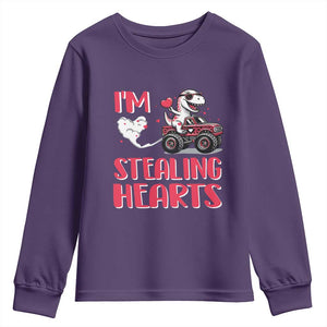 Valentine's Day Youth Sweatshirt I Steal Hearts Cute Dinosaur Riding Monster Truck TS09 Purple Print Your Wear