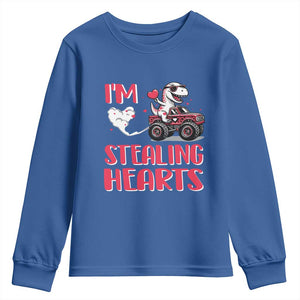 Valentine's Day Youth Sweatshirt I Steal Hearts Cute Dinosaur Riding Monster Truck TS09 Royal Blue Print Your Wear