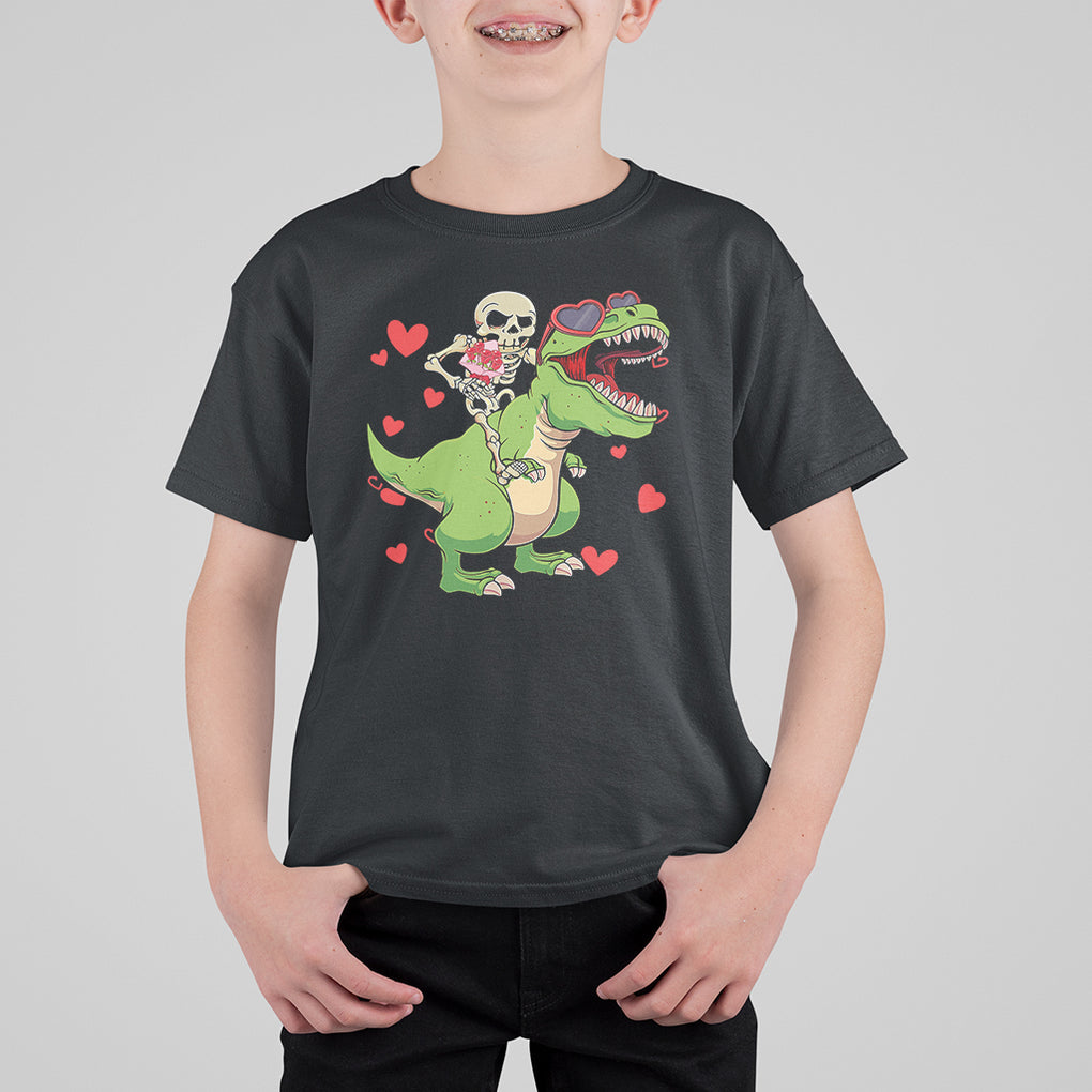 Valentine's Day T Shirt For Kid Skeleton Riding Dinosaur Rose Bouquet TS09 Black Printyourwear