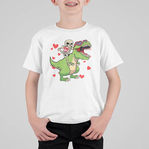 Valentine's Day T Shirt For Kid Skeleton Riding Dinosaur Rose Bouquet TS09 White Printyourwear