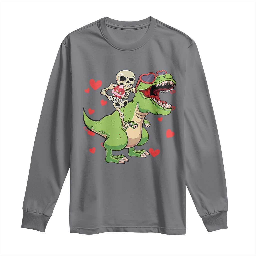 Valentine's Day Long Sleeve Shirt Skeleton Riding Dinosaur Rose Bouquet TS09 Charcoal Print Your Wear