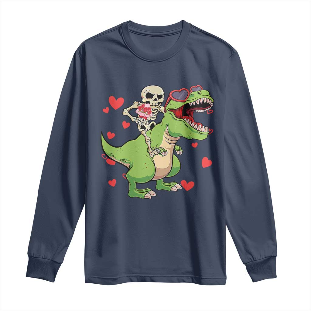 Valentine's Day Long Sleeve Shirt Skeleton Riding Dinosaur Rose Bouquet TS09 Navy Print Your Wear