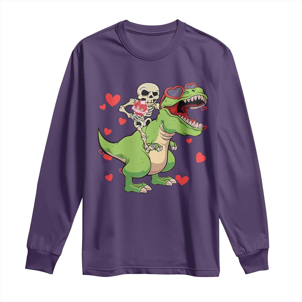 Valentine's Day Long Sleeve Shirt Skeleton Riding Dinosaur Rose Bouquet TS09 Purple Print Your Wear