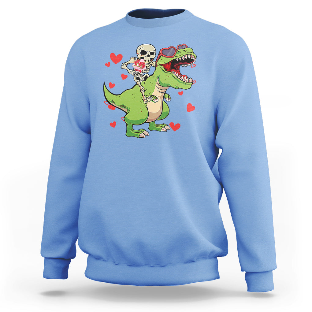 Valentine's Day Sweatshirt Skeleton Riding Dinosaur Rose Bouquet TS09 Carolina Blue Printyourwear