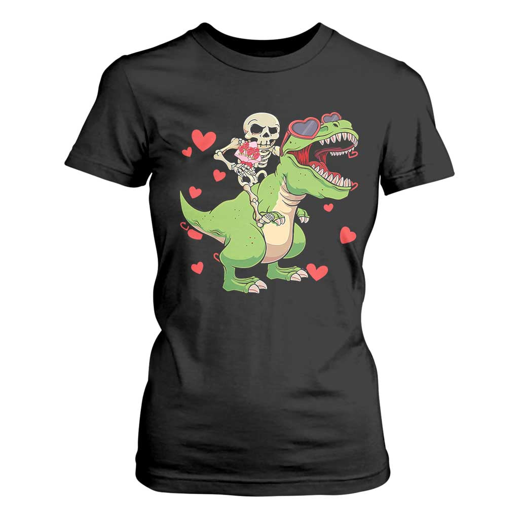 Valentine's Day T Shirt For Women Skeleton Riding Dinosaur Rose Bouquet TS09 Black Print Your Wear