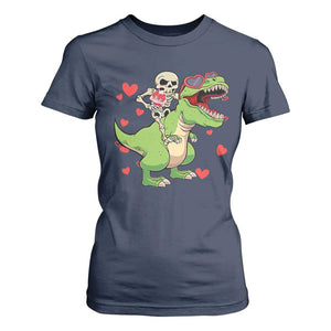 Valentine's Day T Shirt For Women Skeleton Riding Dinosaur Rose Bouquet TS09 Navy Print Your Wear