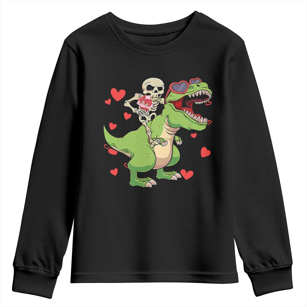 Valentine's Day Youth Sweatshirt Skeleton Riding Dinosaur Rose Bouquet TS09 Black Print Your Wear