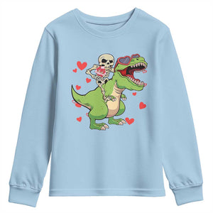 Valentine's Day Youth Sweatshirt Skeleton Riding Dinosaur Rose Bouquet TS09 Light Blue Print Your Wear