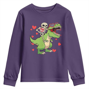 Valentine's Day Youth Sweatshirt Skeleton Riding Dinosaur Rose Bouquet TS09 Purple Print Your Wear