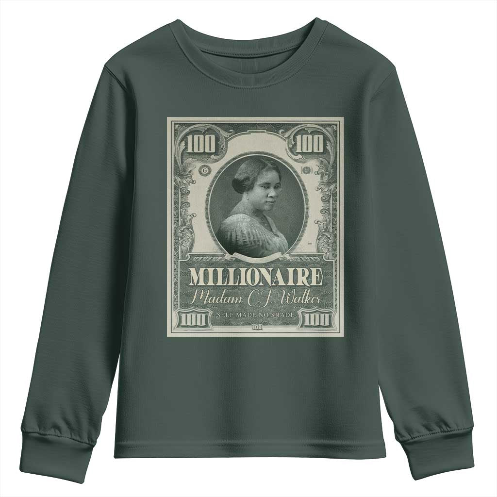 Madam C.J. Walker Youth Sweatshirt Millionaire Black Women Pride TS09 Dark Forest Green Print Your Wear