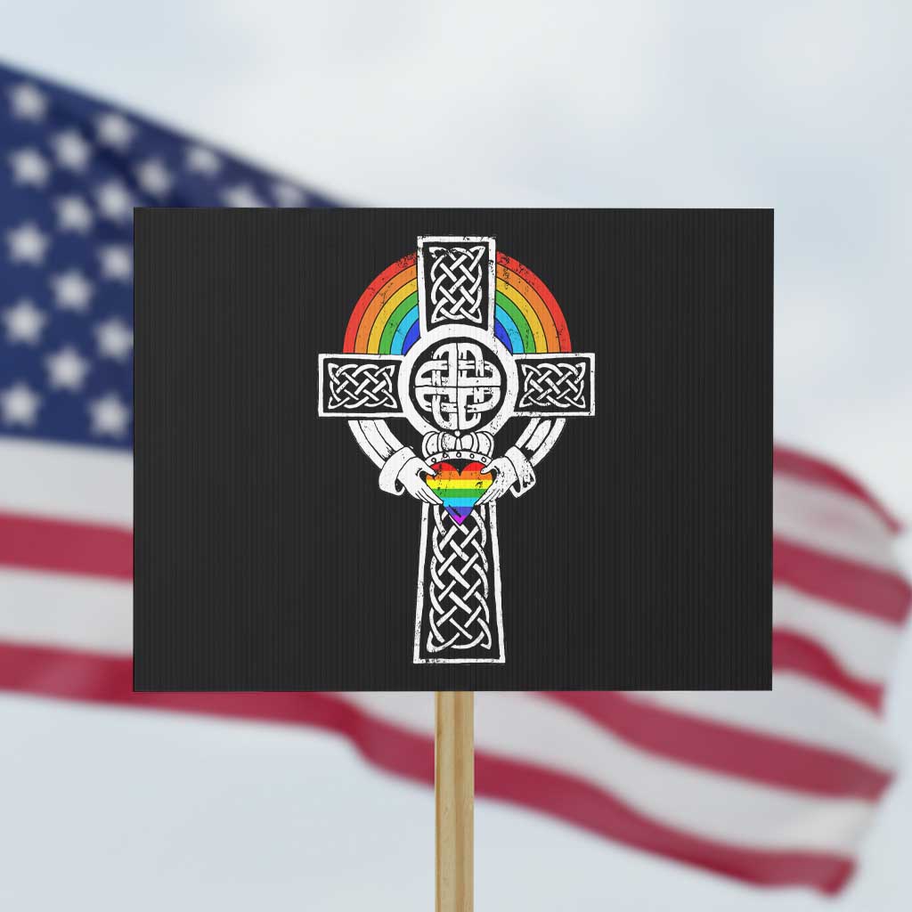 Rainbow Celtic Claddagh Cross Protest Sign TS09 Horizontal 18