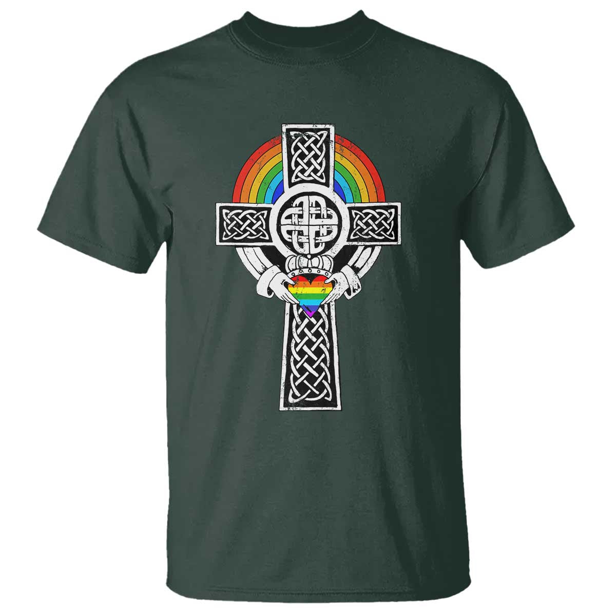 Rainbow Celtic Claddagh Cross T Shirt TS09 Dark Forest Green Print Your Wear