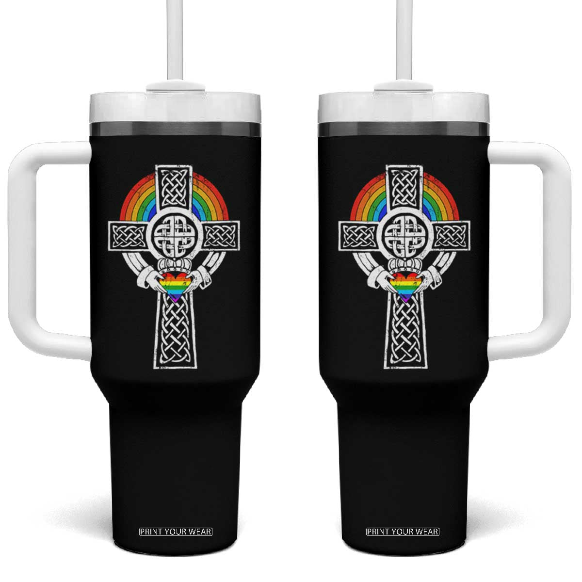 Rainbow Celtic Claddagh Cross Tumbler With Handle TS09 One Size: 40 oz Black Print Your Wear
