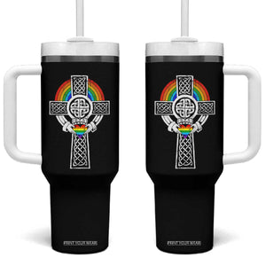 Rainbow Celtic Claddagh Cross Tumbler With Handle TS09 One Size: 40 oz Black Print Your Wear