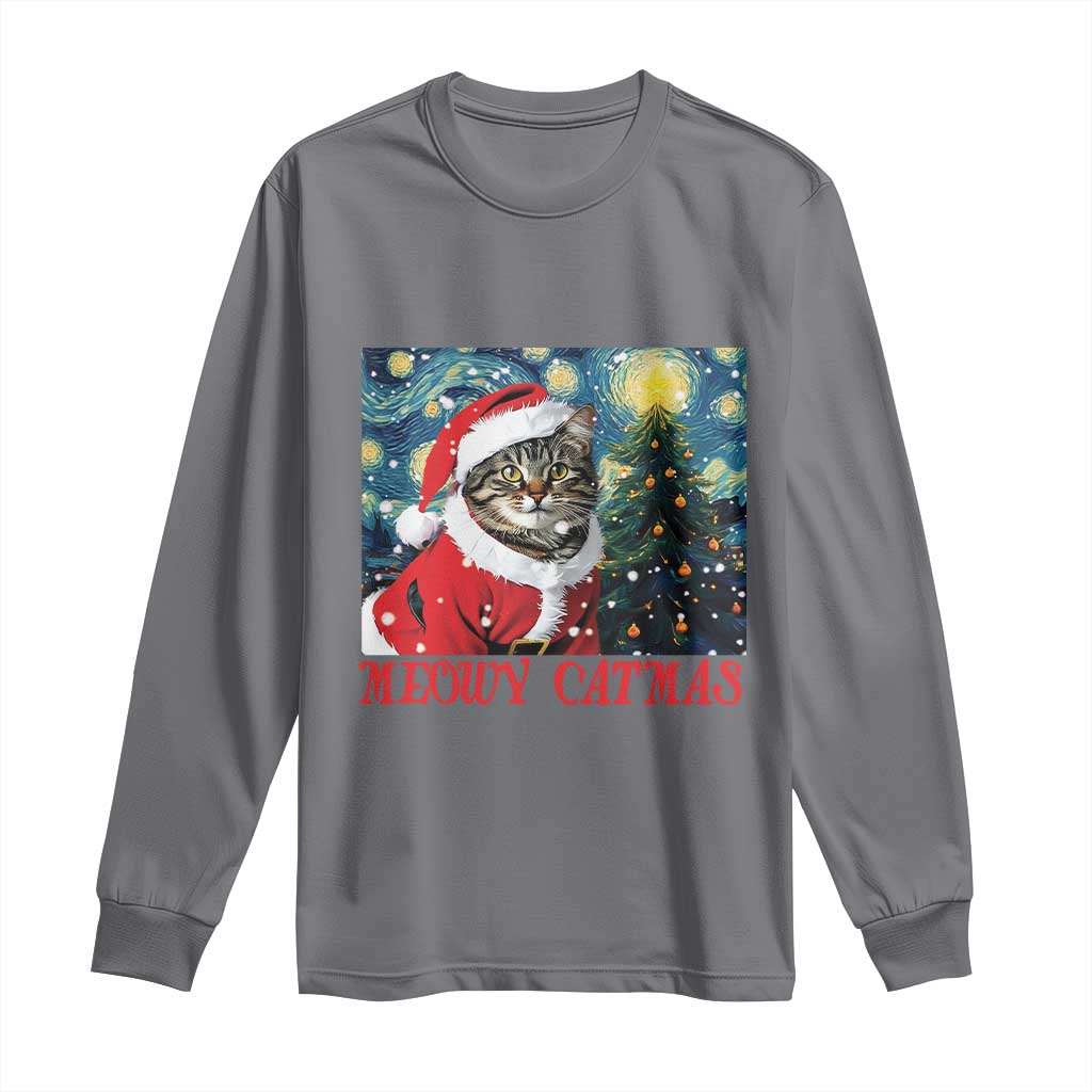 Santa Cat Christmas Long Sleeve Shirt Meowy Catmas Starry Night Christmas Tree TS09 Charcoal Print Your Wear