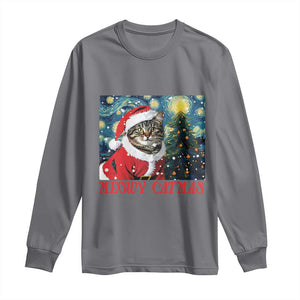 Santa Cat Christmas Long Sleeve Shirt Meowy Catmas Starry Night Christmas Tree TS09 Charcoal Print Your Wear