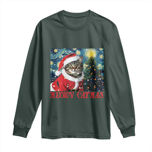 Santa Cat Christmas Long Sleeve Shirt Meowy Catmas Starry Night Christmas Tree TS09 Dark Forest Green Print Your Wear