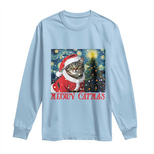 Santa Cat Christmas Long Sleeve Shirt Meowy Catmas Starry Night Christmas Tree TS09 Light Blue Print Your Wear