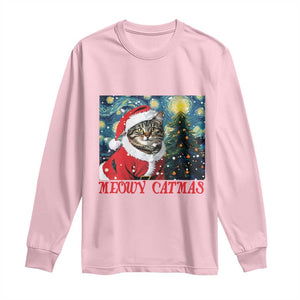 Santa Cat Christmas Long Sleeve Shirt Meowy Catmas Starry Night Christmas Tree TS09 Light Pink Print Your Wear