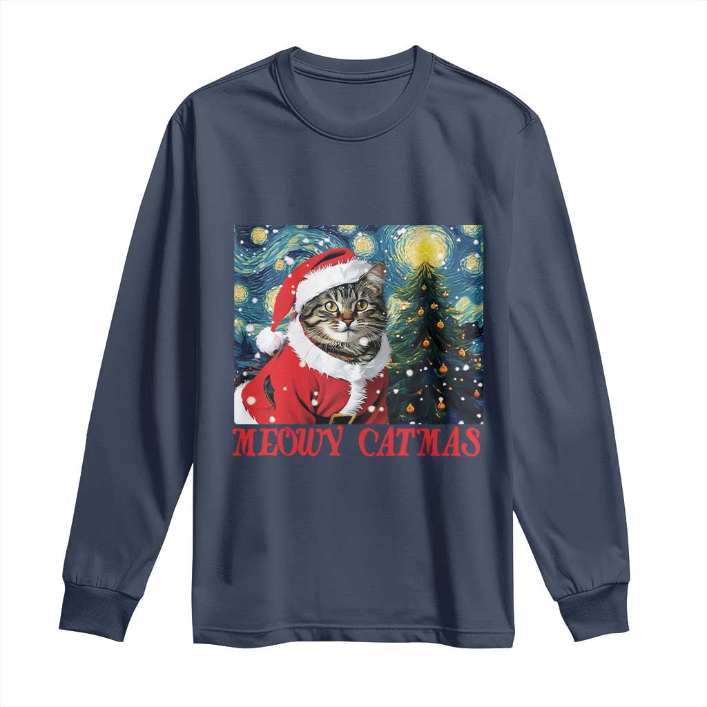 Santa Cat Christmas Long Sleeve Shirt Meowy Catmas Starry Night Christmas Tree TS09 Navy Print Your Wear