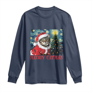 Santa Cat Christmas Long Sleeve Shirt Meowy Catmas Starry Night Christmas Tree TS09 Navy Print Your Wear