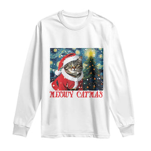 Santa Cat Christmas Long Sleeve Shirt Meowy Catmas Starry Night Christmas Tree TS09 White Print Your Wear