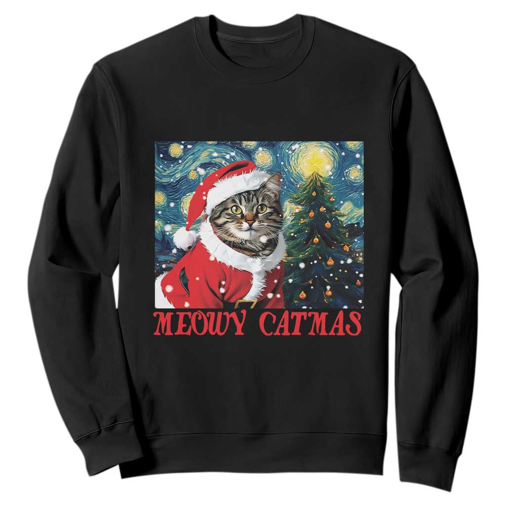 Santa Cat Christmas Sweatshirt Meowy Catmas Starry Night Christmas Tree TS09 Black Print Your Wear