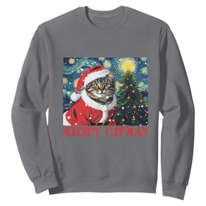 Santa Cat Christmas Sweatshirt Meowy Catmas Starry Night Christmas Tree TS09 Charcoal Print Your Wear