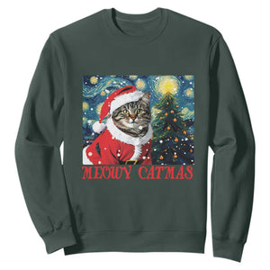 Santa Cat Christmas Sweatshirt Meowy Catmas Starry Night Christmas Tree TS09 Dark Forest Green Print Your Wear