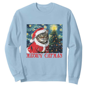 Santa Cat Christmas Sweatshirt Meowy Catmas Starry Night Christmas Tree TS09 Light Blue Print Your Wear