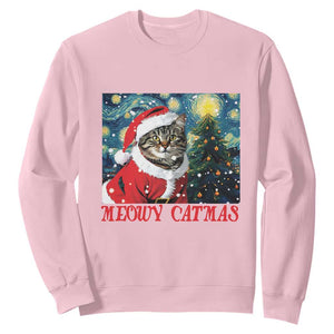 Santa Cat Christmas Sweatshirt Meowy Catmas Starry Night Christmas Tree TS09 Light Pink Print Your Wear