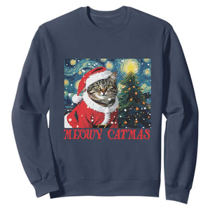 Santa Cat Christmas Sweatshirt Meowy Catmas Starry Night Christmas Tree TS09 Navy Print Your Wear