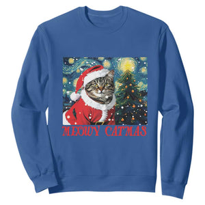 Santa Cat Christmas Sweatshirt Meowy Catmas Starry Night Christmas Tree TS09 Royal Blue Print Your Wear