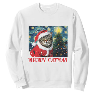 Santa Cat Christmas Sweatshirt Meowy Catmas Starry Night Christmas Tree TS09 White Print Your Wear