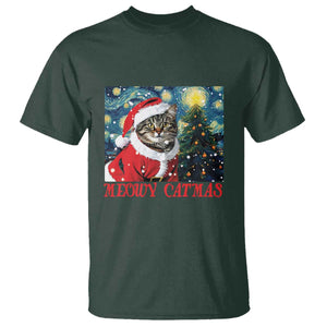 Santa Cat Christmas T Shirt Meowy Catmas Starry Night Christmas Tree TS09 Dark Forest Green Print Your Wear