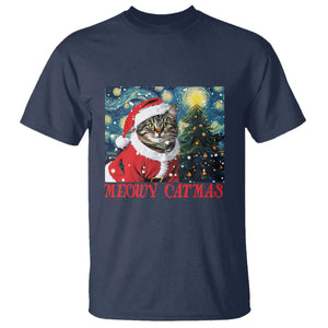 Santa Cat Christmas T Shirt Meowy Catmas Starry Night Christmas Tree TS09 Navy Print Your Wear