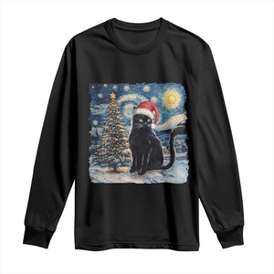 Christmas Black Cat Long Sleeve Shirt Meowy Catmas Starry Night Santa Cat TS09 Black Print Your Wear