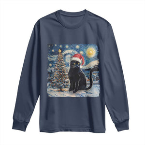 Christmas Black Cat Long Sleeve Shirt Meowy Catmas Starry Night Santa Cat TS09 Navy Print Your Wear